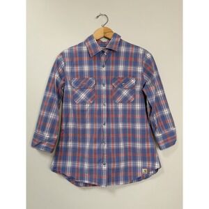 Carhartt Womens WS013 Plaid Button Up Shirt Blue White Red Long Sleeve Large 12